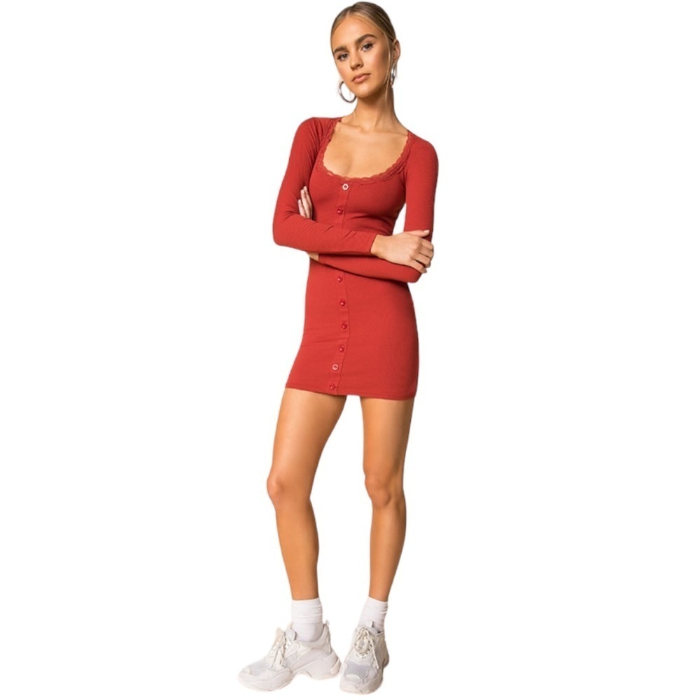 Superdown Dress Amalia Long Sleeve Button Front Dress Rust Red Size XS Revolve